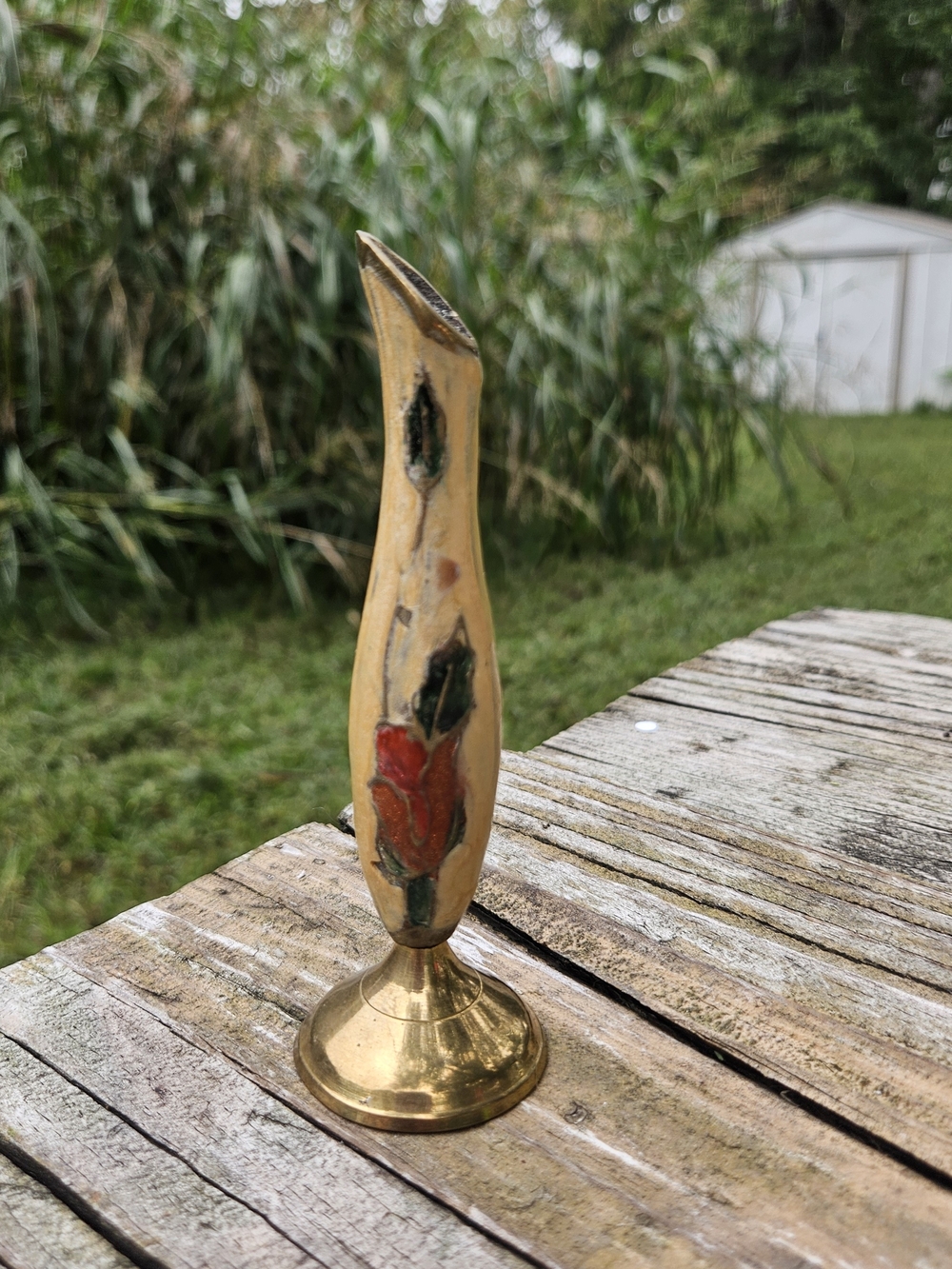 Brass Bud Vase with Red Floral Accent - Decorative Cream and Brass Vase